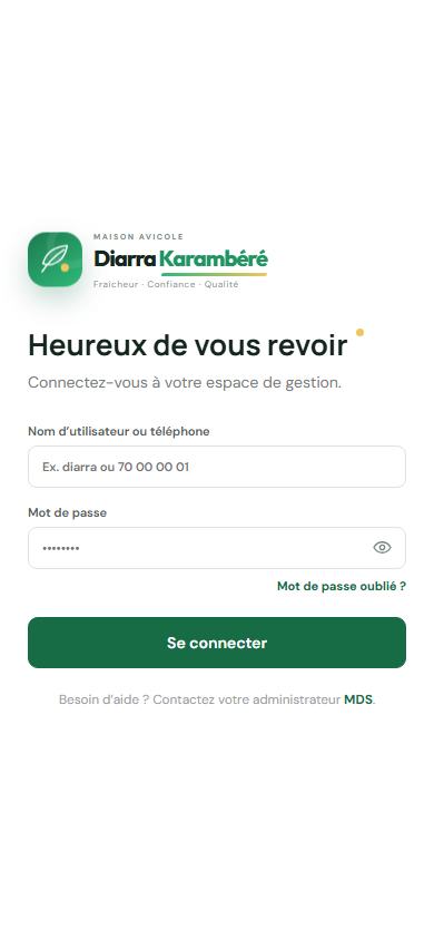 Capture mobile de la page de connexion de MDS Gest pour Diarra Karambéré