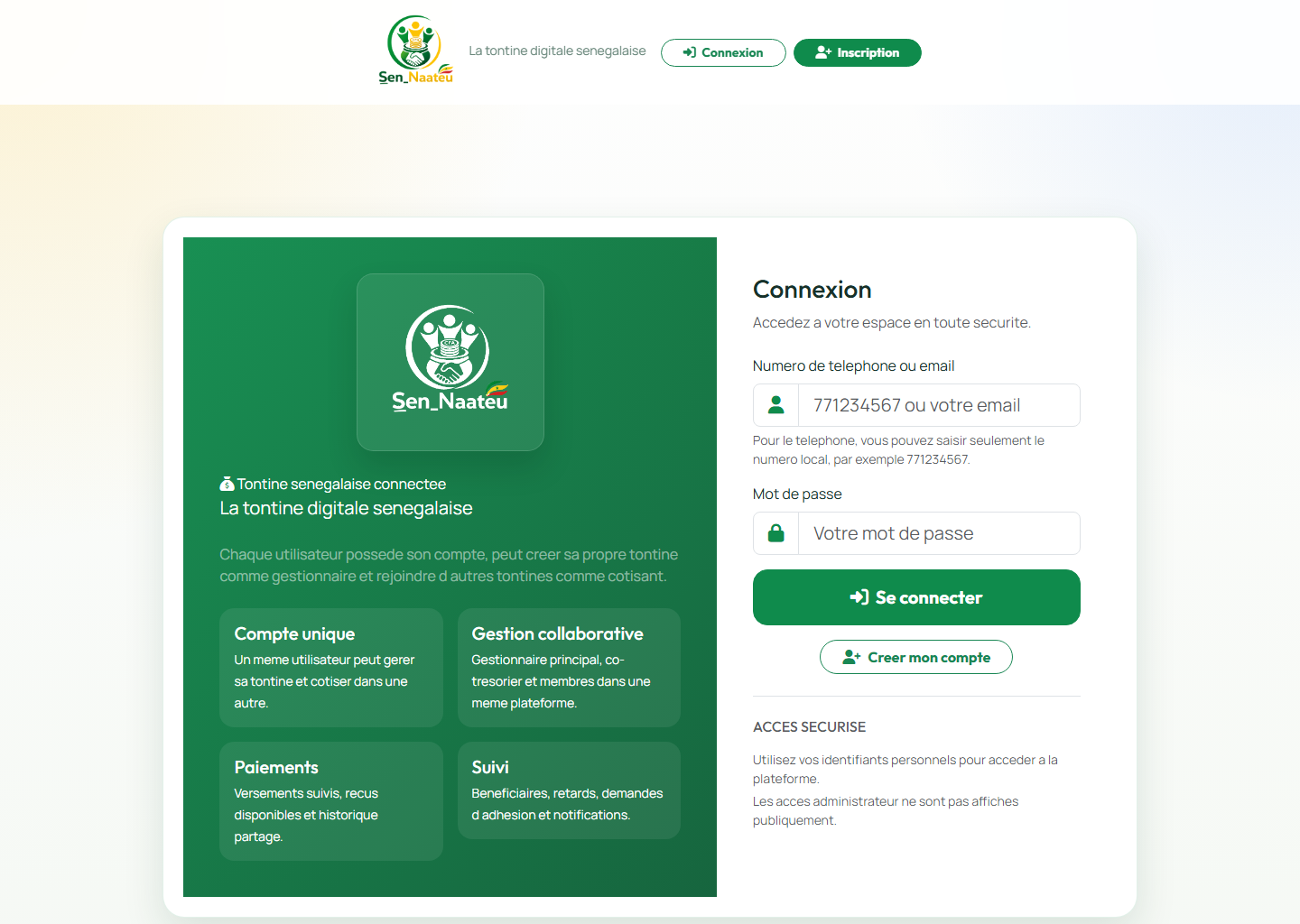 Capture ordinateur de la page de connexion Sen Naateu